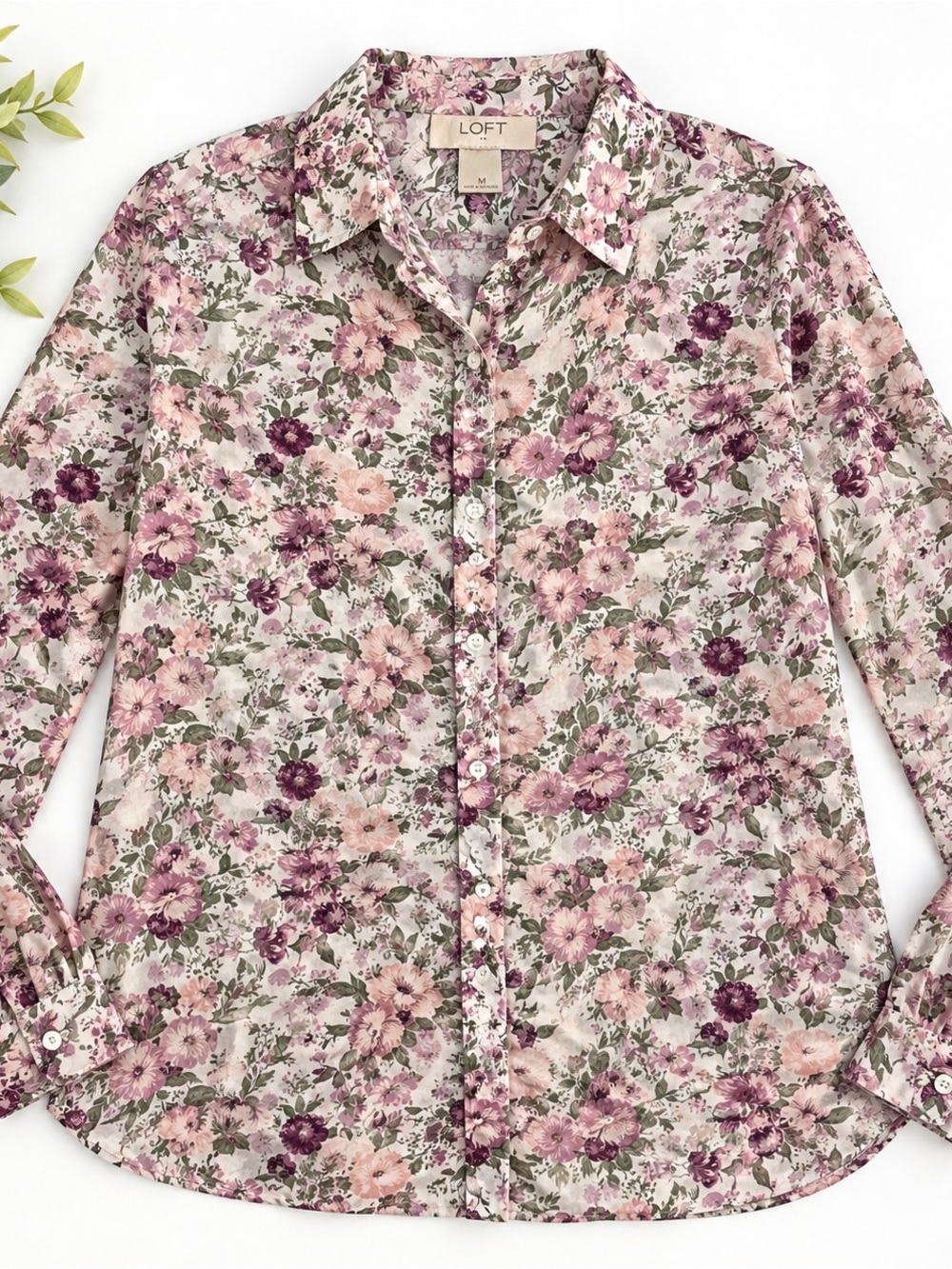 LOFT Floral Button Up Blouse Size Medium Pink Purple Green